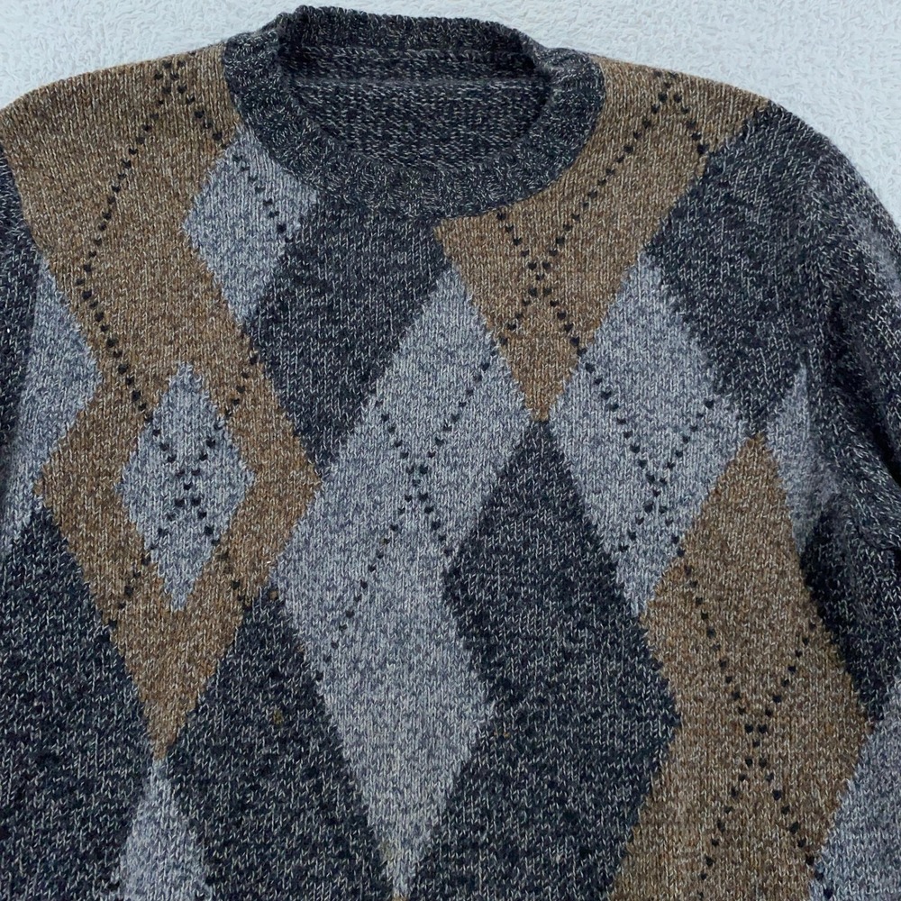Vintage Argyle‎ Sweater Mens M/L Gray Brown Pullover Crewneck Knit 90s